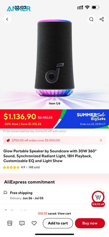 AliExpress: Glow Portable Speaker by Soundcore with 30W 360°