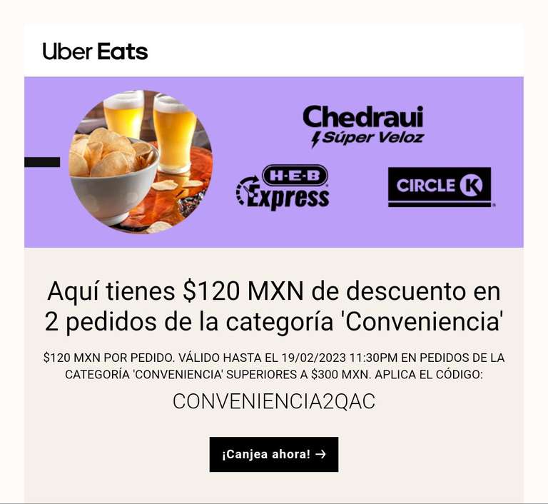 Uber Eats: Descuento de 120 en categoría Conveniencia