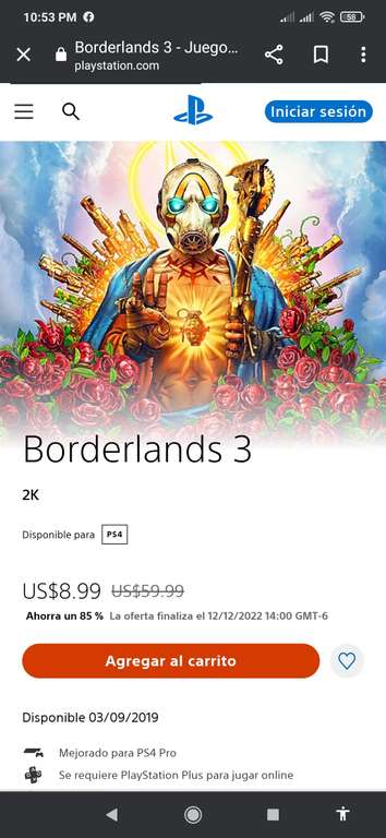 Borderlands 3 en Playstation store en 8.99 dolares