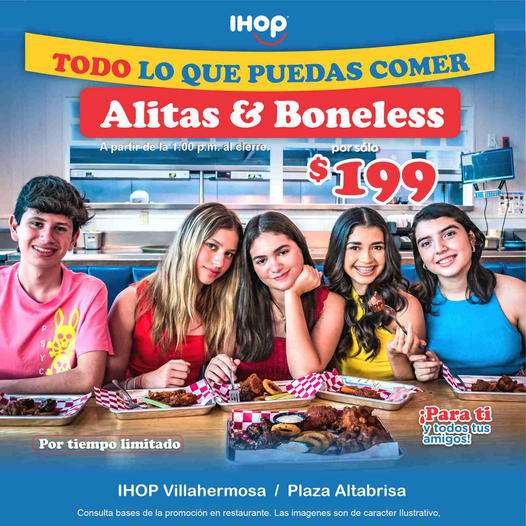IHOP: ALITAS Y BONLESS ILIMITADAS A 199