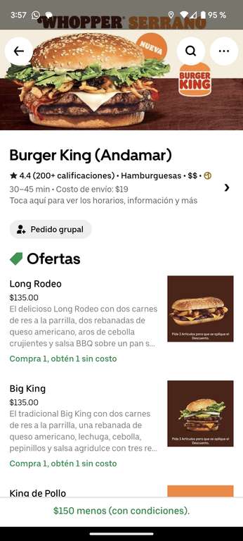 Uber Eats [Burger King Veracruz]: $150 de descuento en compra mínima de $300