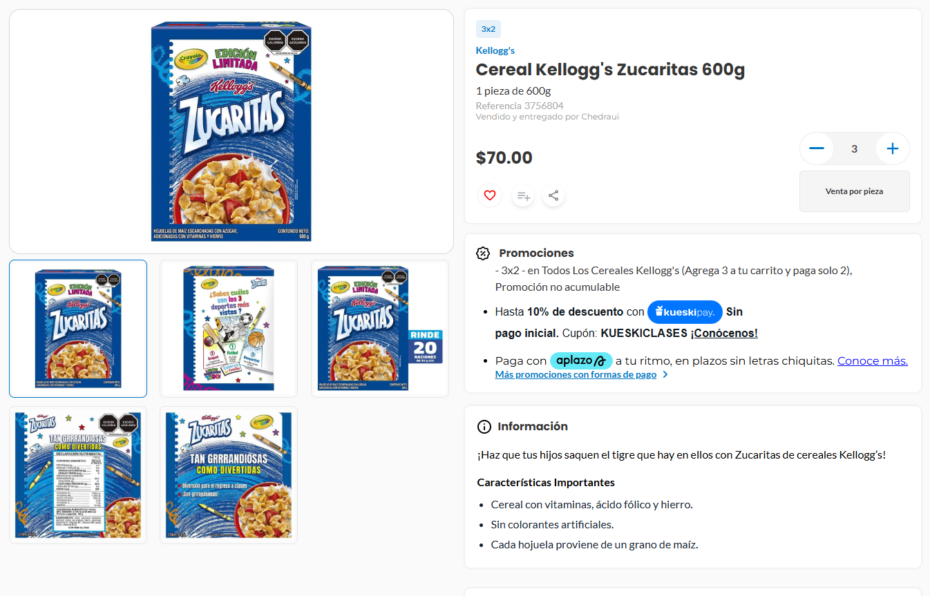 Chedraui: Cereal Kellogg's Zucaritas 600g 3x2 | $47 c/u