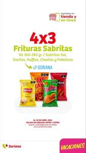 Soriana Híper y Súper: 4 x 3 en frituras Sabritas de 160 a 280 g (Sabritas Sal, Doritos, Ruffles, Cheetos y Paketaxo)
