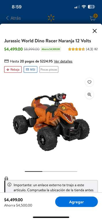 Walmart: Vehículo Montable Fisher Price Power Wheels Jurassic World Dino Racer Naranja 12 Volts