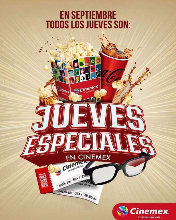 Cinemex: Jueves especiales Septiembre: Boletos a 39 y Refresco grande por 35 (físico) | Palomitas mega a 79 en DiDi Food, Uber Eats y Rappi
