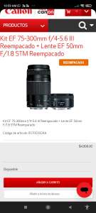 Canon: Kit EF 75-300mm f/4-5.6 III Reempacado + Lente EF 50mm F/1.8 STM Reempacado + Calculadora (Hasta 18 MSI + Bonificación 15% BBVA)