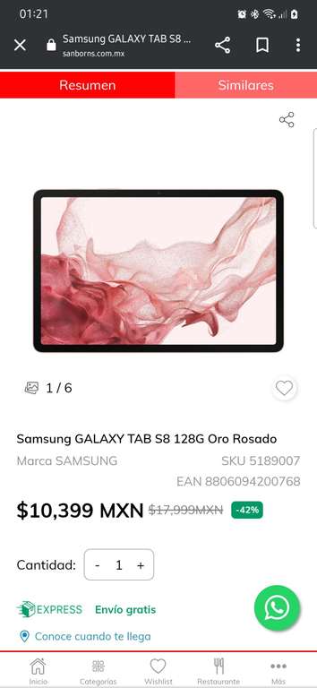 Sanborns: Samsung GALAXY TAB S8 128G Oro Rosado