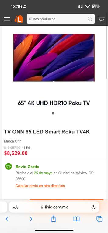 Linio: Pantalla ONN 65 LED Smart Roku TV4K | Pagando con PayPal