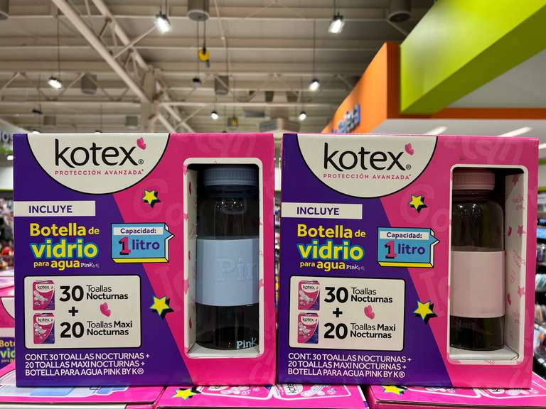 Chedraui selecto Oaxaca: 50 Toallas femeninas Kotex + Botella de vidrio para agua Pink by Kotex