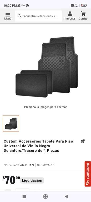 AutoZone: Custom Accessories Tapete Para Piso Universal de Vinilo Negro Delantero/Trasero de 4 Piezas