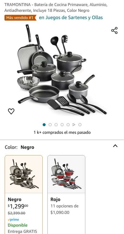 Amazon: TRAMONTINA - Batería de Cocina Primaware, Aluminio, Antiadherente, Incluye 18 Piezas, Color Negro "Amazon"