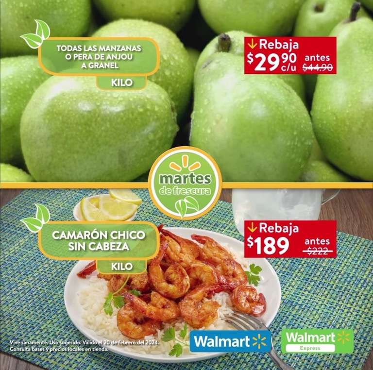 Walmart: Martes de Frescura 20 Febrero: Piña ó Toronja $16.90 kg • Aguacate ó Pera Bosc $24.90 kg • Todas Manzanas ó Pera Anjou $29.90 kg