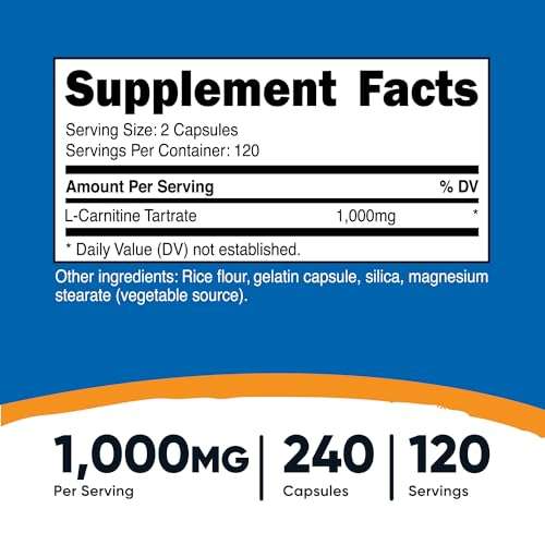 Amazon: L-carnitina 1000 mg, 240 cápsulas - 500 mg por cápsula, 120 porciones
