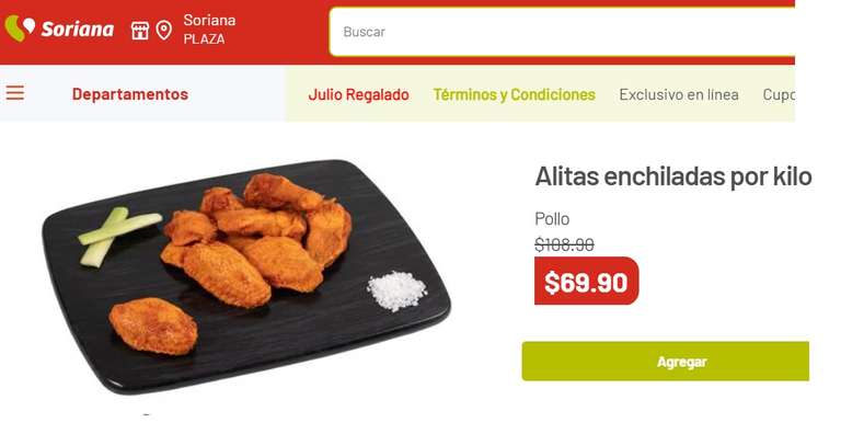 Soriana - Alitas enchiladas por kilo $69.90