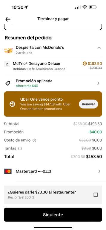 Uber Eats - 2 desayunos deluxe $153