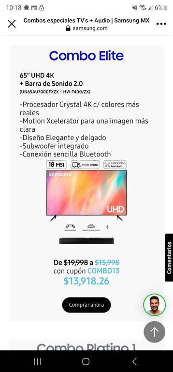 TV Samsung UN65AU7000 + Barra de Sonido