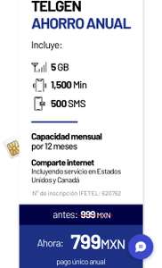 TELGEN Ahorro Anual (5 GB, 1500 min y 500 sms) + $69 de eSIM