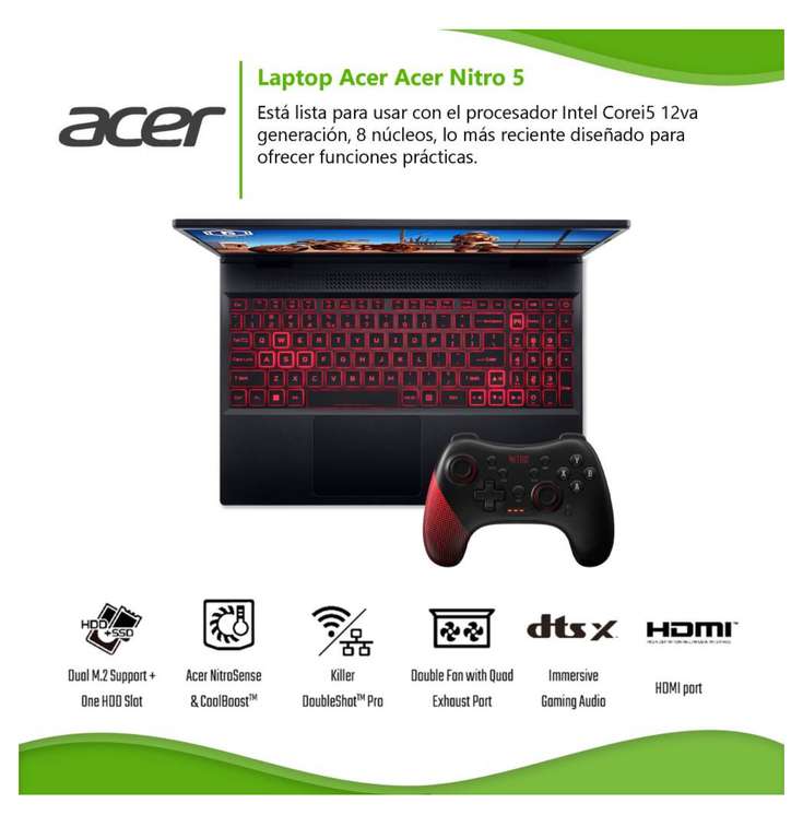 Sam’s club: laptop gamer Acer Nitro 5 Core i5 12a Gen/8 GB RAM/512 GB SSD + Control