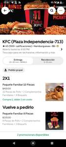 Uber eats - KFC - 2x1 paquete familiar 10 piezas + 2 complementos familiares + 4 bisquets