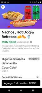 UBER EATS: CINEPOLIS HOT DOG, NACHOS Y 2 REFRESCOS