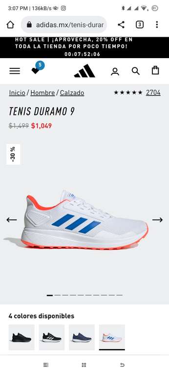 Adidas: Tenis duramo 9, color blanco, varias tallas disponibles. -  promodescuentos.com