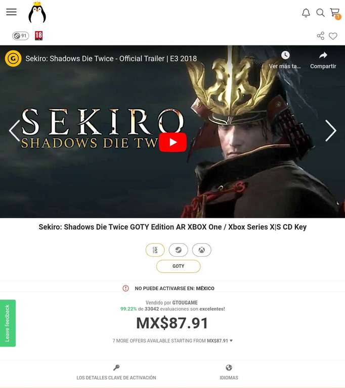 Kinguin: Sekiro: Shadows Die Twice GOTY Edition AR XBOX One / Xbox Series X|S CD Key REGION ARGENTINA