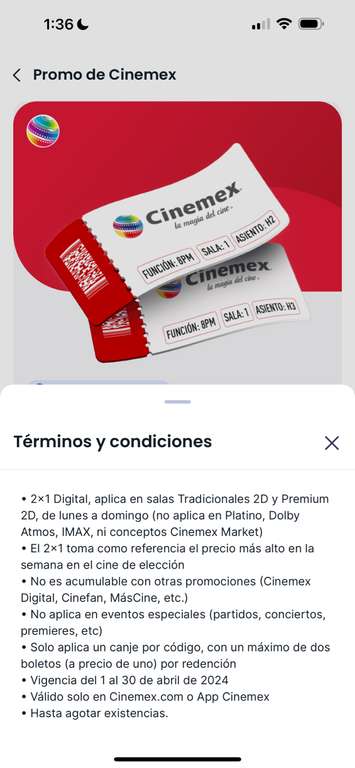 Oxxo: Spin Premia 2x1 Cinemex Tradicional y Premium