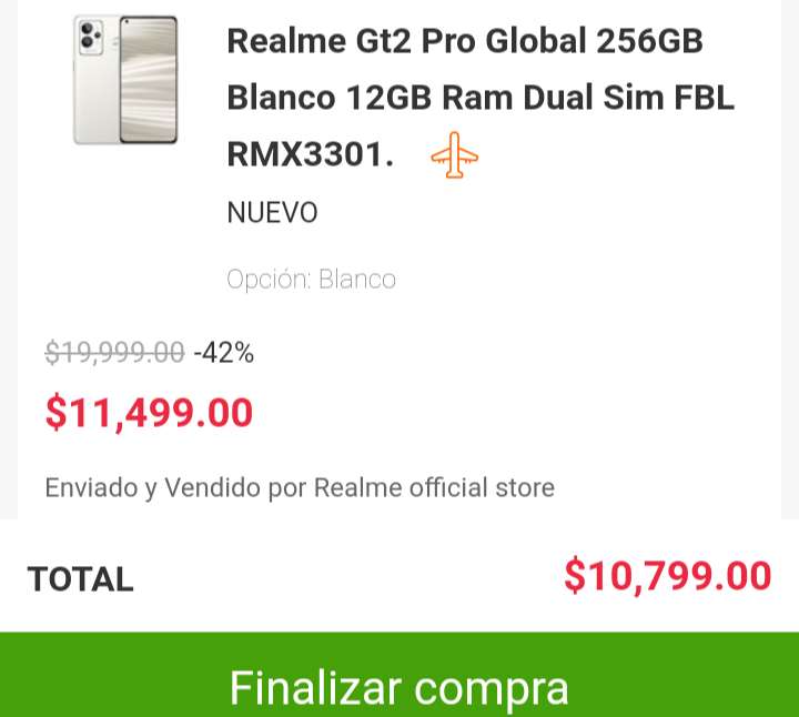Linio: Realme GT2 Pro 256 y 12 en Ram blanco y verde pagando con PayPal