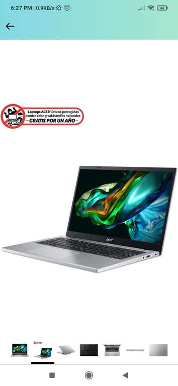 Amazon: Laptop Aspire 3 Core i3-N305, Octa Core, 12 gen, hasta 3.80 GHz, 8 GB LPDDR5, 512 GB SSD, Intel UHD Graphics, Pantalla 15.6" LED FHD