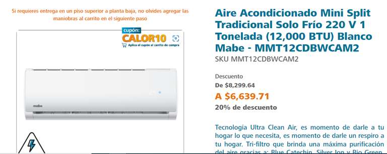 Mabe: Aire Acondicionado Mini Split Tradicional Solo Frío 220 V 1 Tonelada (12,000 BTU) Blanco Mabe