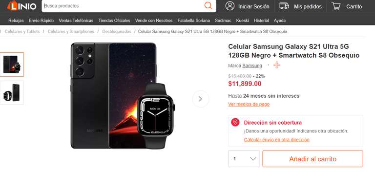 LINIO: Celular Samsung Galaxy S21 Ultra 5G 128GB Negro + Smartwatch S8 de Obsequio