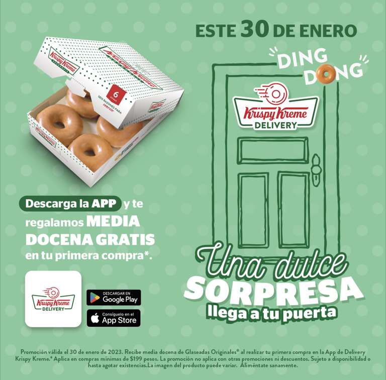 Krispy Kreme - Media docena gratis en tu primer pedido desde su app (compra mín $199)