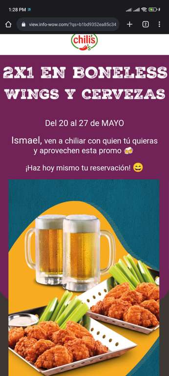 Chili's: 2x1 en Alitas, Boneless y cervezas (20 a 27 de mayo)