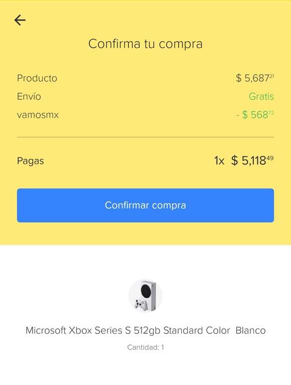 Mercado libre: Xbox Series S -10% cupón VAMOSMX