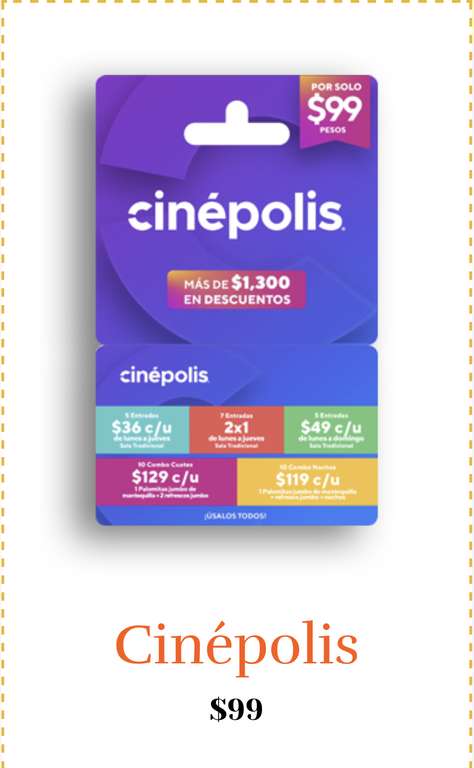 Tarjeta Cinepolis con más de $1,300 en descuentos