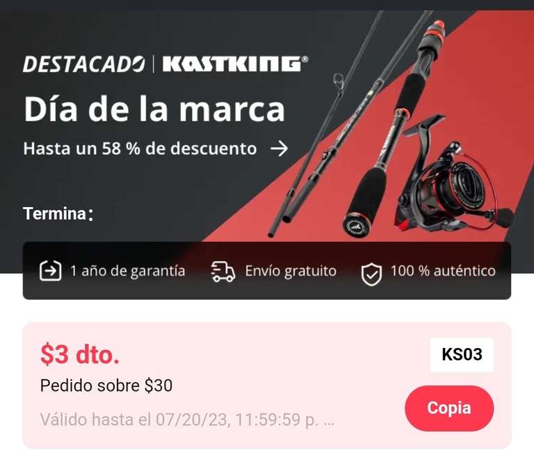 Aliexpress: DIA DE LA MARCA, hasta 58% Dto. y cupon de $3 Dto. en compras minima de $30 dolares, en productos de pesca de la marca KastKing