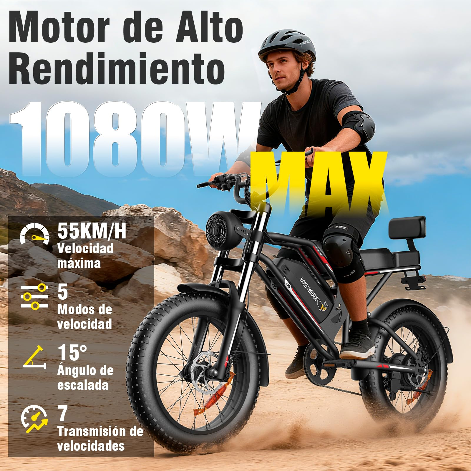 Amazon: 15 msi HONEYWHALE K6S Moto Bicicleta 7 Velocidades, Motor 1080W, Velocidad Máx 55KM/H, 65KM, Extraíble 15.6AH, Modo Crucero