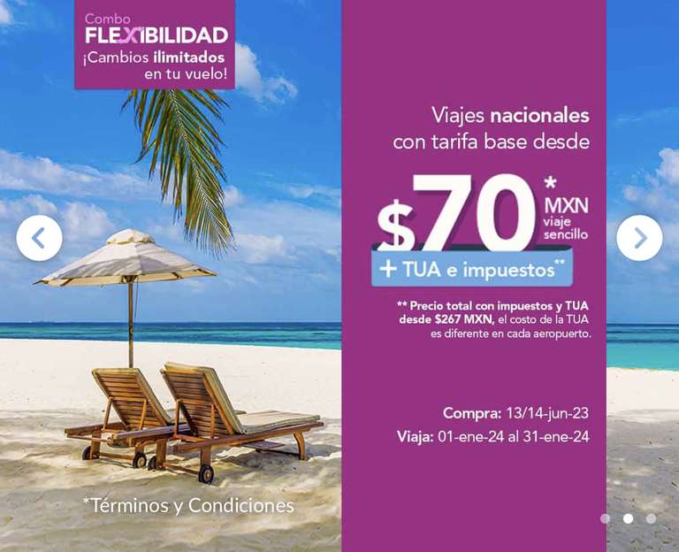 Volaris: Viajes nacionales con tarifa base desde $70*MXN, viaje sencillo. | Viajando del 1/ENE/24 al 31/ENE/24