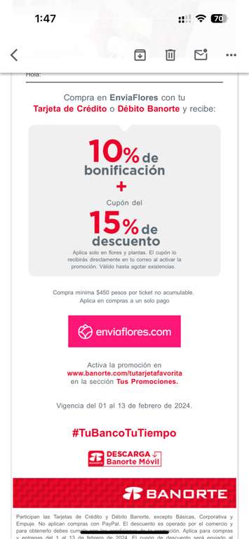 Banorte: 10% de Bonificación + Cupón de 15% en EnviaFlores