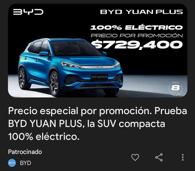 BYD: Yuan Plus EV de $799,000 a $$729,400