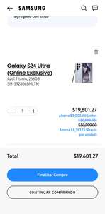 Samsung Store: Galaxy s24 Ultra 256GB (solo aplica colores online exclusive) - $19361 con 1ra compra