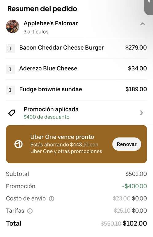 Uber Eats: APPLEBEES 400$ descuento min 500$