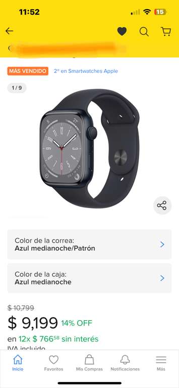 Mercado Libre: Apple Watch Series 8 GPS - Caja de aluminio medianoche 45 mm - Correa deportiva medianoche - Patrón
