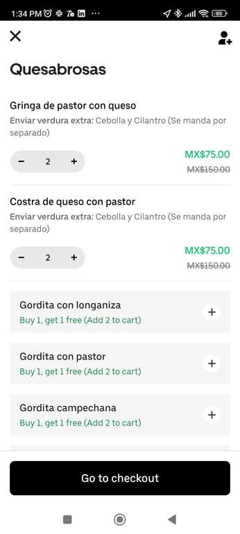Uber Eats Uber One: Quesabrosas 2 Gringas Pastor con queso + 2 costras Pastor con queso por $50