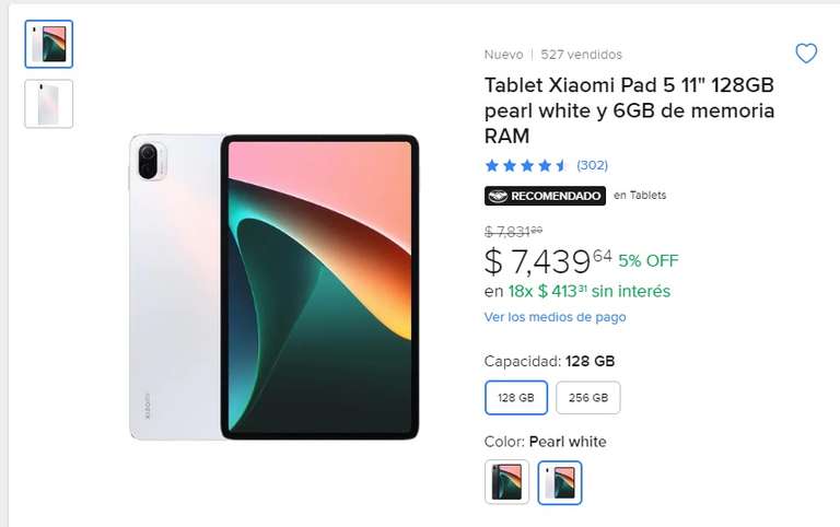 Mercado Libre: Tablet Xiaomi Pad 5 (128 GB / 6 RAM) Pearl Withe