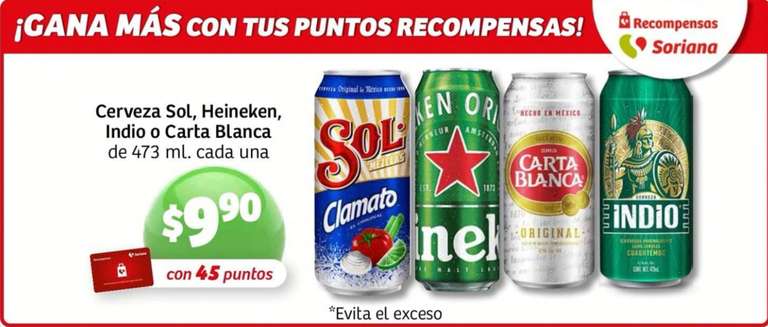 Soriana: Cervezas Sol, Heineken, Indio o Carta Blanca a $9.90 con 45 puntos
