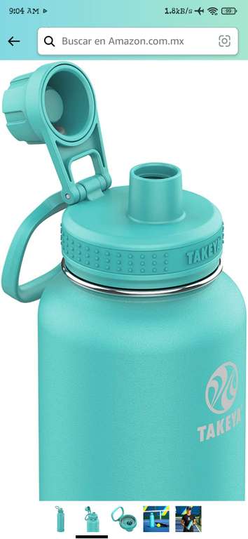 Amazon: Takeya Pickleball - Botella de agua aislada con tapa de boquilla deportiva, 40 onzas, color verde azulado (1182 ml)