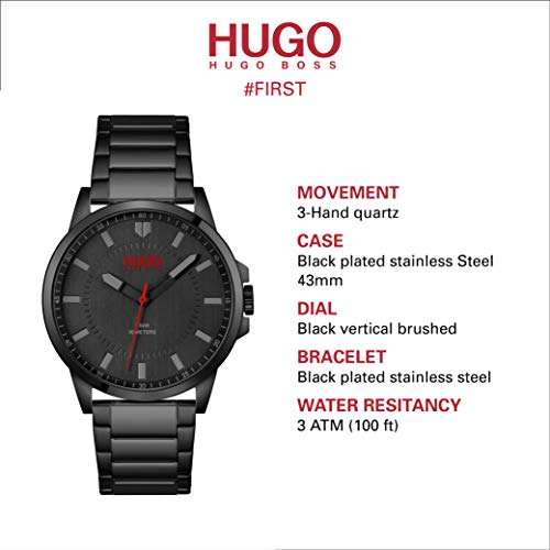 AMAZON - HUGO First 1530187 - Reloj casual de cuarzo para hombre, color negro, Negro, Reloj de cuarzo