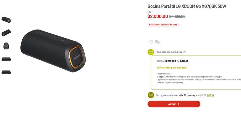 Soriana: Bocina Portátil LG XBOOM Go XG7QBK 30W