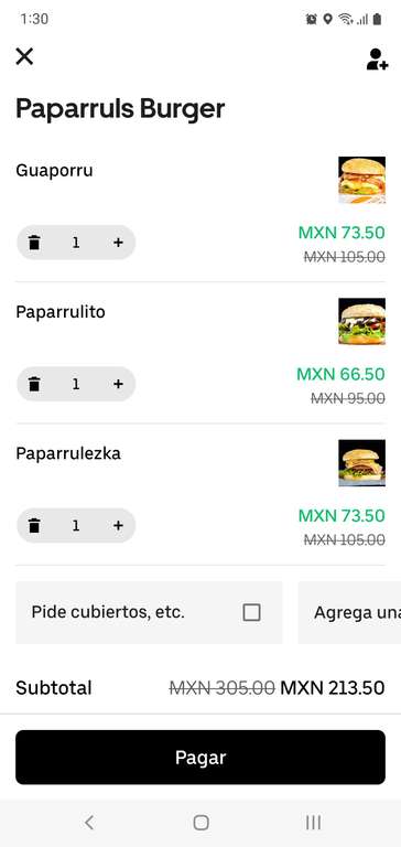 Uber Eats: Paparruls Burger ( 3 hamburguesas por $93.5 ) | Descuento de $120 comprando mín $300 + descuento en hamburguesas selec.